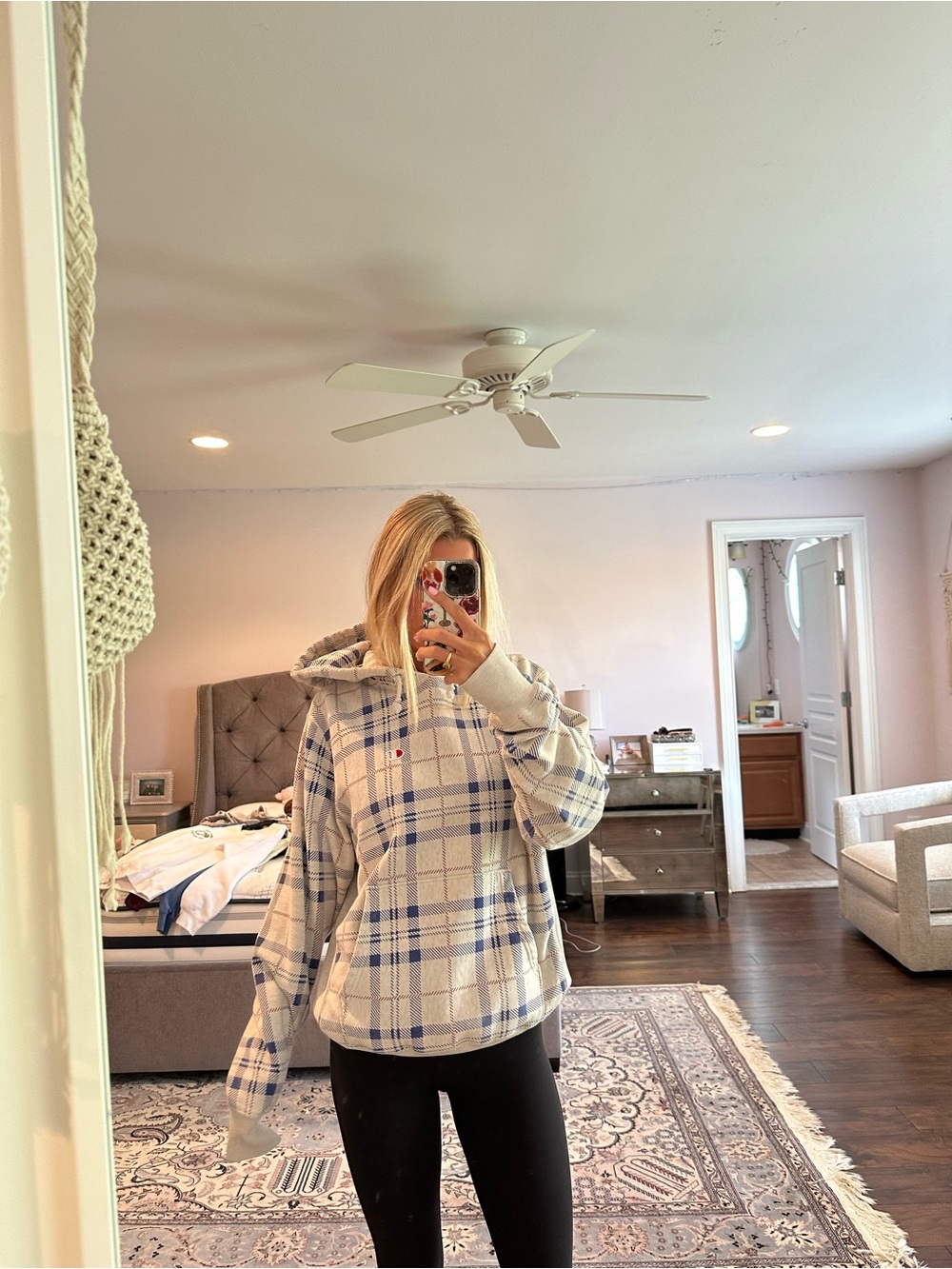 Plaid Hooded Pullover Sweater - Cream & Blue
